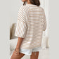 Kali Khaki Stripe Textured Knit Split Hem Half Sleeve Loose Top