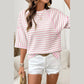 Kali Pink Stripe Textured Knit Split Hem Half Sleeve Loose Top