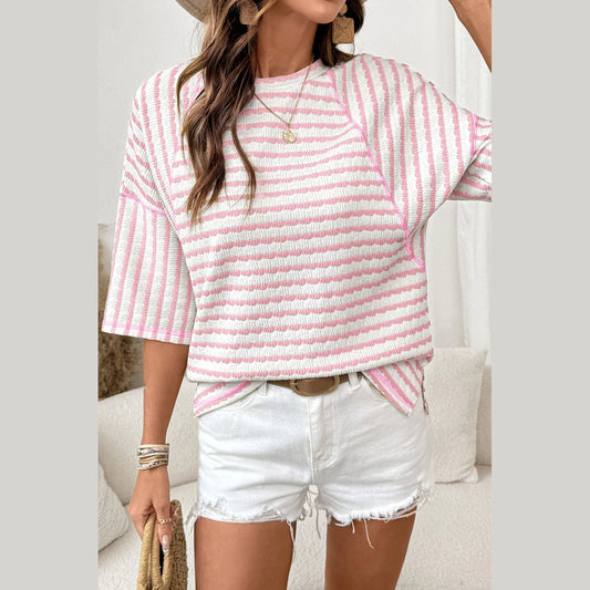 Kali Pink Stripe Textured Knit Split Hem Half Sleeve Loose Top