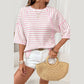 Kali Pink Stripe Textured Knit Split Hem Half Sleeve Loose Top