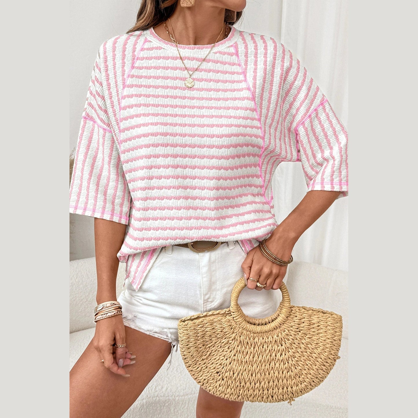 Kali Pink Stripe Textured Knit Split Hem Half Sleeve Loose Top