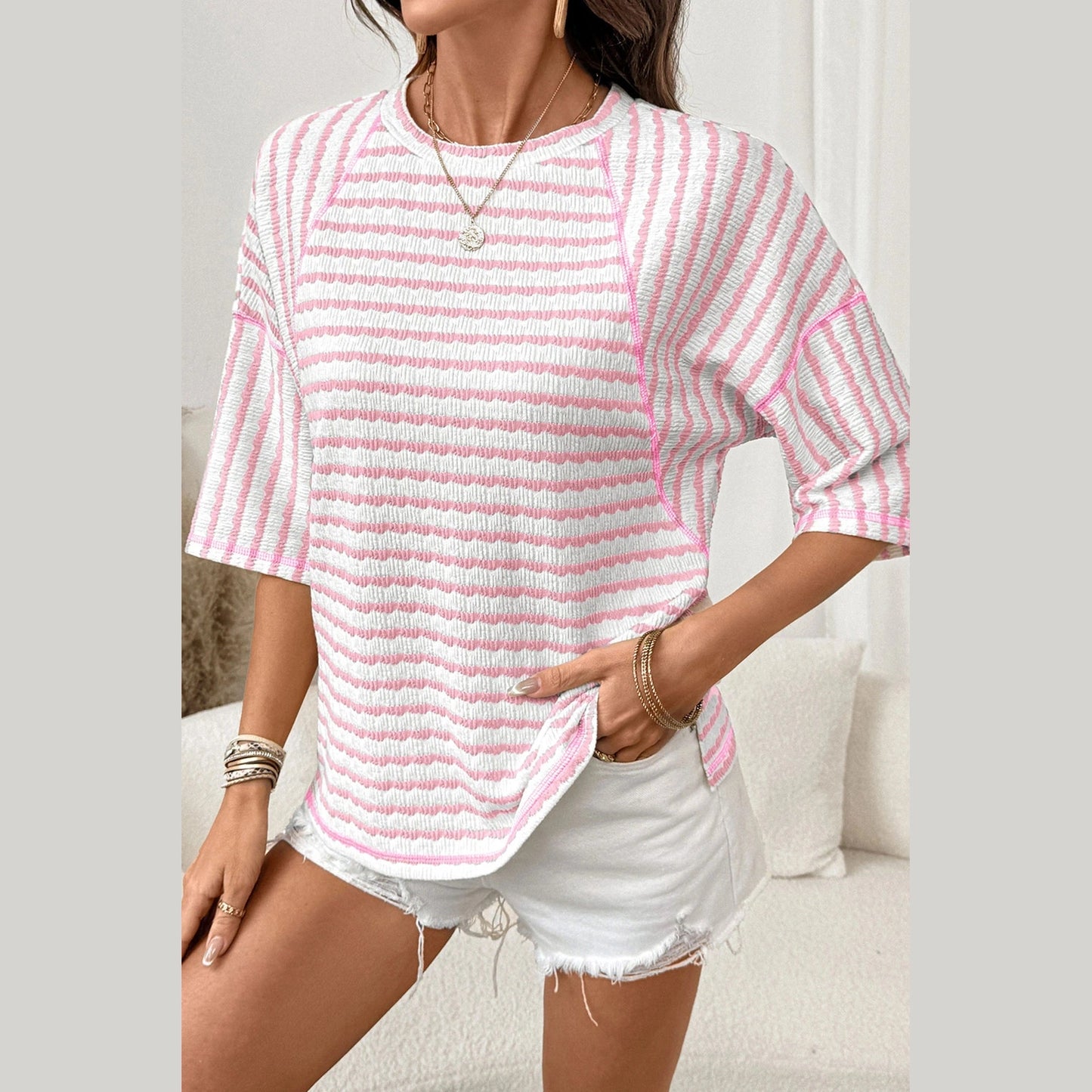 Kali Pink Stripe Textured Knit Split Hem Half Sleeve Loose Top