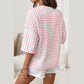 Kali Pink Stripe Textured Knit Split Hem Half Sleeve Loose Top