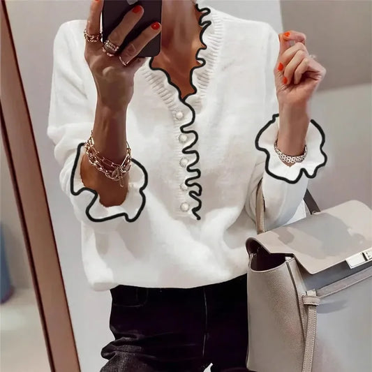 Kalissa White Contrast Ruffle Trim Sweater