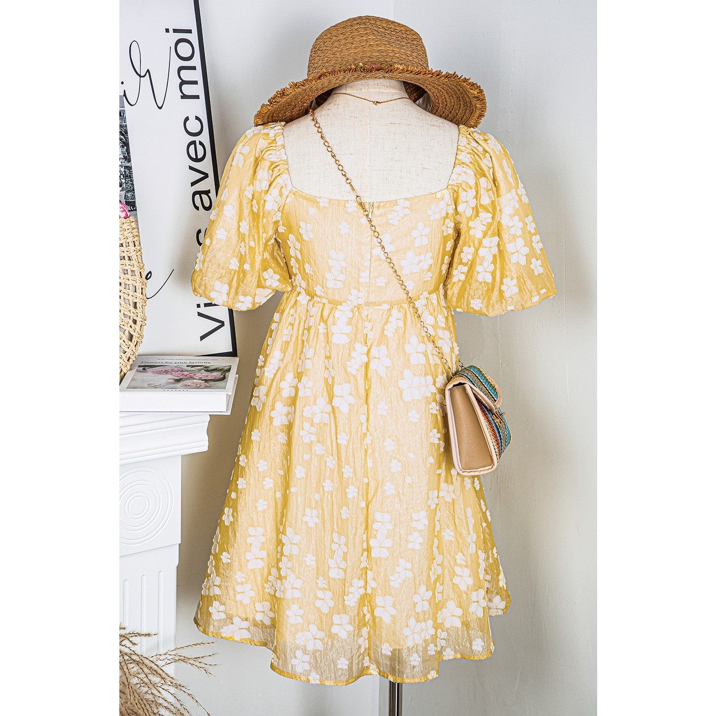 Kali Yellow Boho Flower Jacquard Puff Sleeve Square Neck Mini Dress