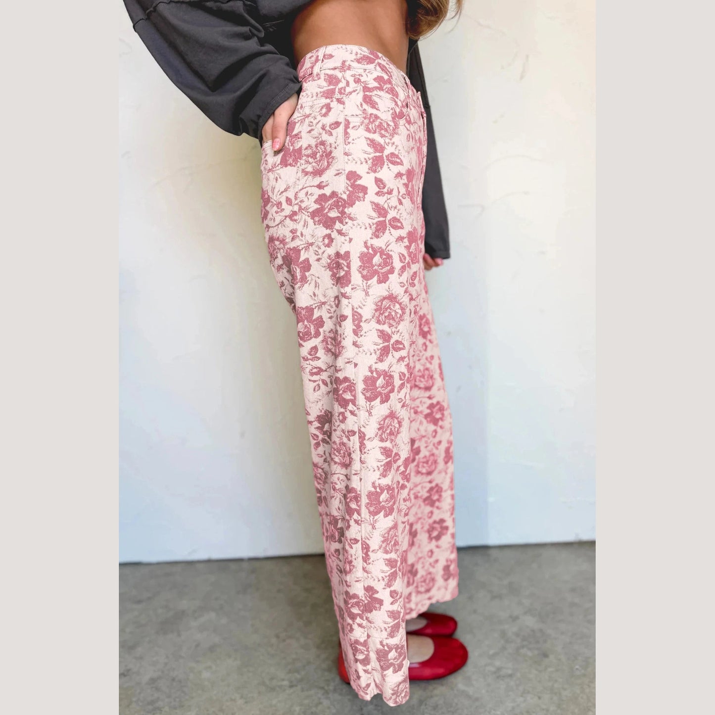 Kama Striped Pink Vintage Floral Print Denim Shift Pants