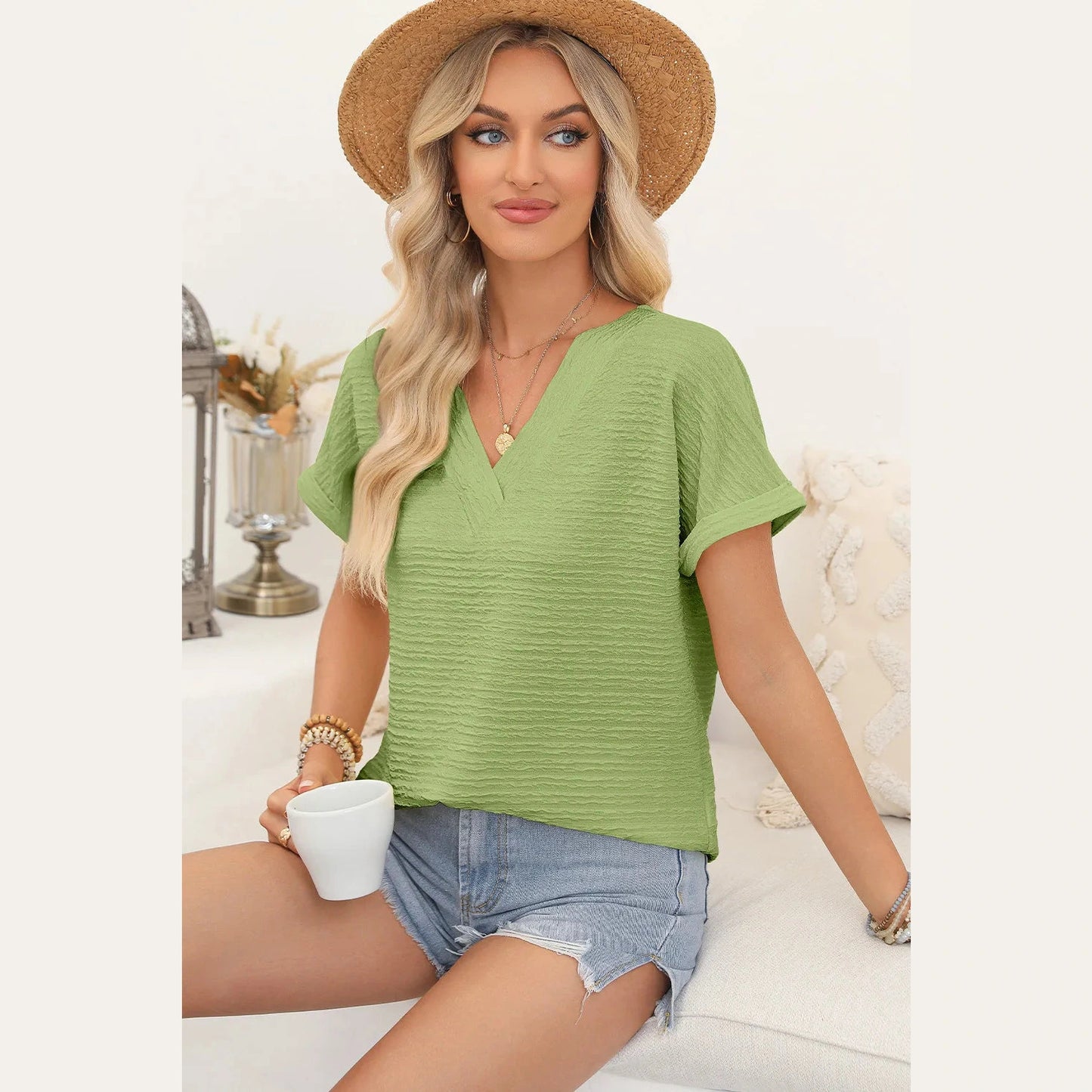 Kammy Grass Green Textured Wide Sleeve V Neck T Shirt