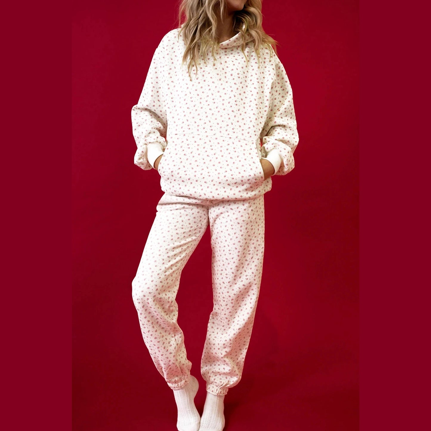 Kamy Pink Floral Print Kangaroo Pocket Hoodie Sheath Sweatpants Set