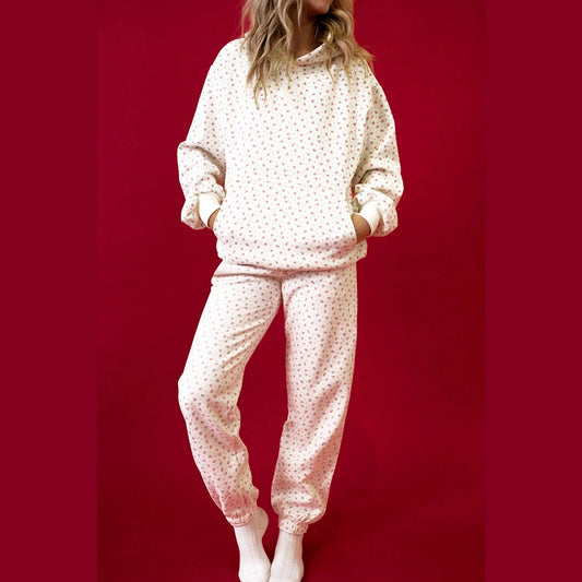 Kamy Pink Floral Print Kangaroo Pocket Hoodie Sheath Sweatpants Set