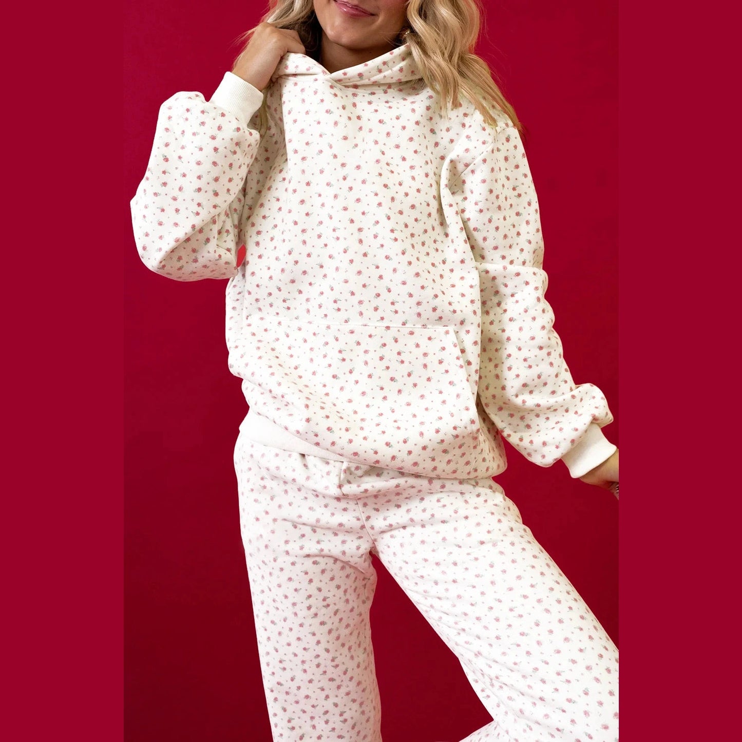 Kamy Pink Floral Print Kangaroo Pocket Hoodie Sheath Sweatpants Set