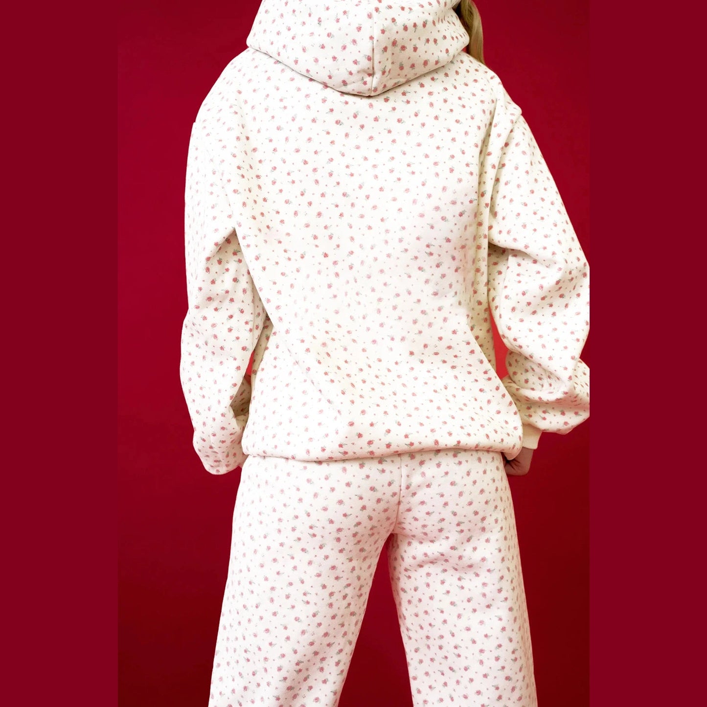 Kamy Pink Floral Print Kangaroo Pocket Hoodie Sheath Sweatpants Set