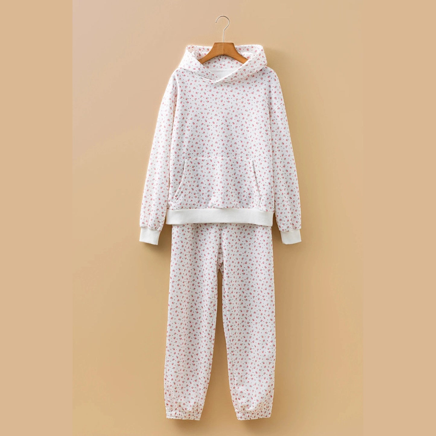 Kamy Pink Floral Print Kangaroo Pocket Hoodie Sheath Sweatpants Set