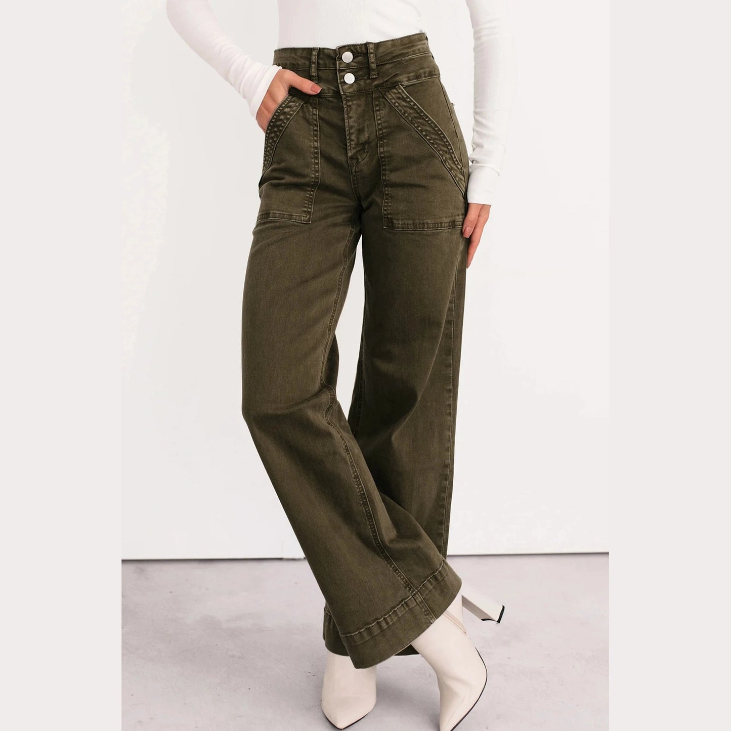 Kardy Jungle Green Double Waistband Loose Straight Jeans