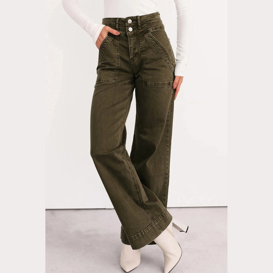 Kardy Jungle Green Double Waistband Loose Straight Jeans