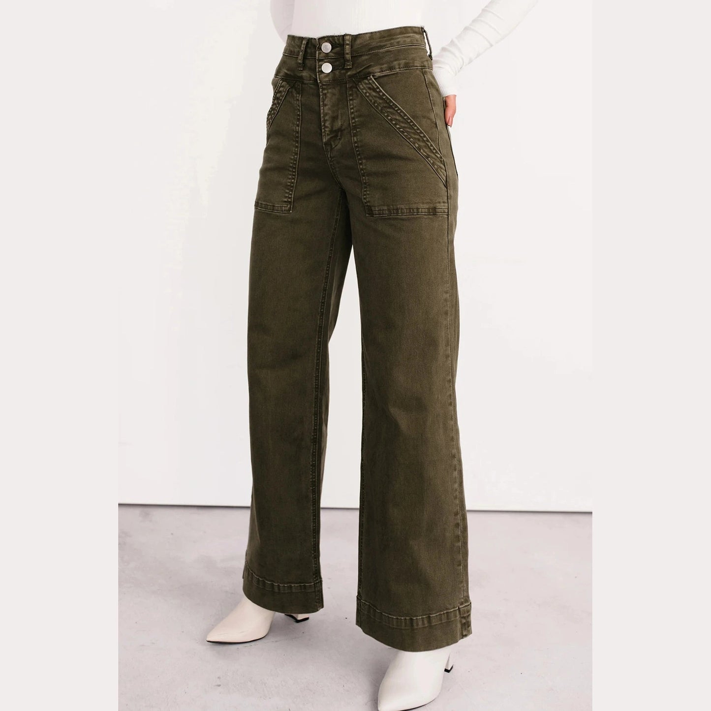 Kardy Jungle Green Double Waistband Loose Straight Jeans