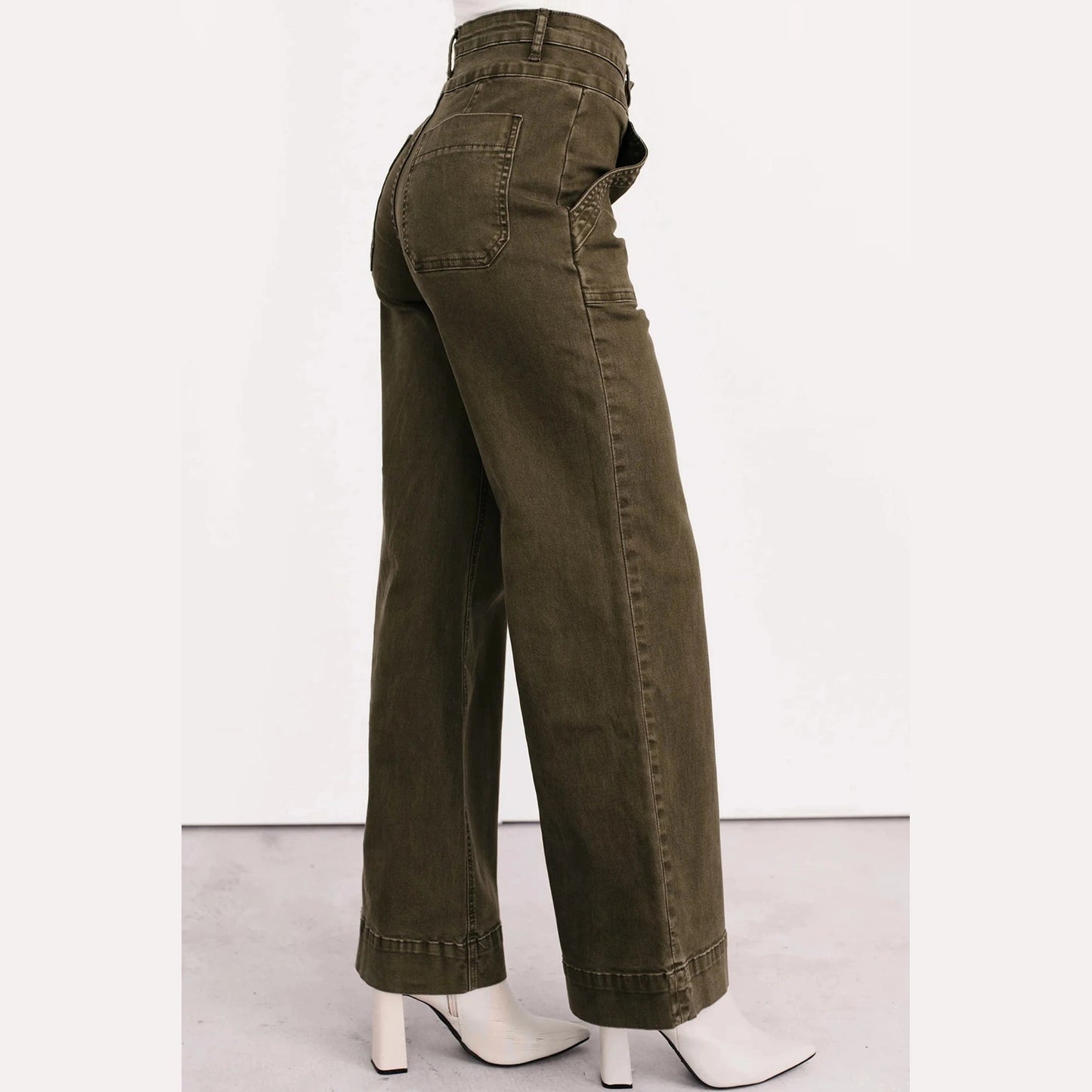 Kardy Jungle Green Double Waistband Loose Straight Jeans
