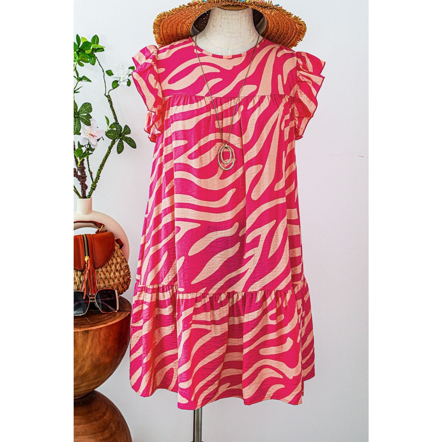 Karina Pink Zebra Stripe Printed Ruffle Trim Pocketed Dress