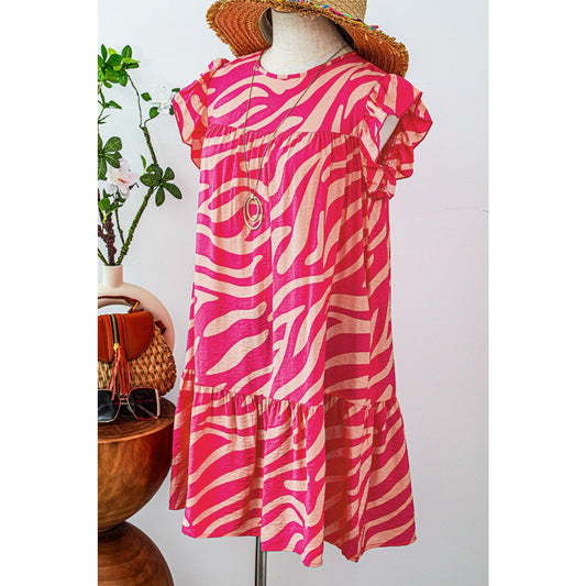 Karina Pink Zebra Stripe Printed Ruffle Trim Pocketed Dress