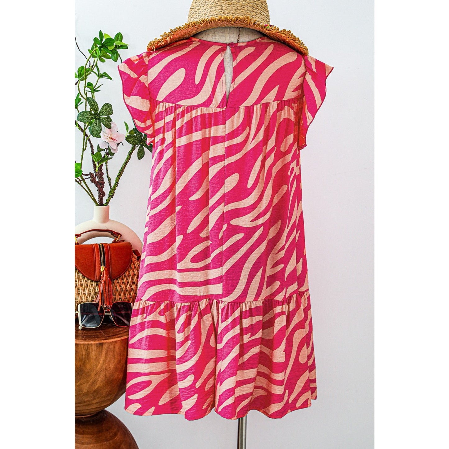 Karina Pink Zebra Stripe Printed Ruffle Trim Pocketed Dress