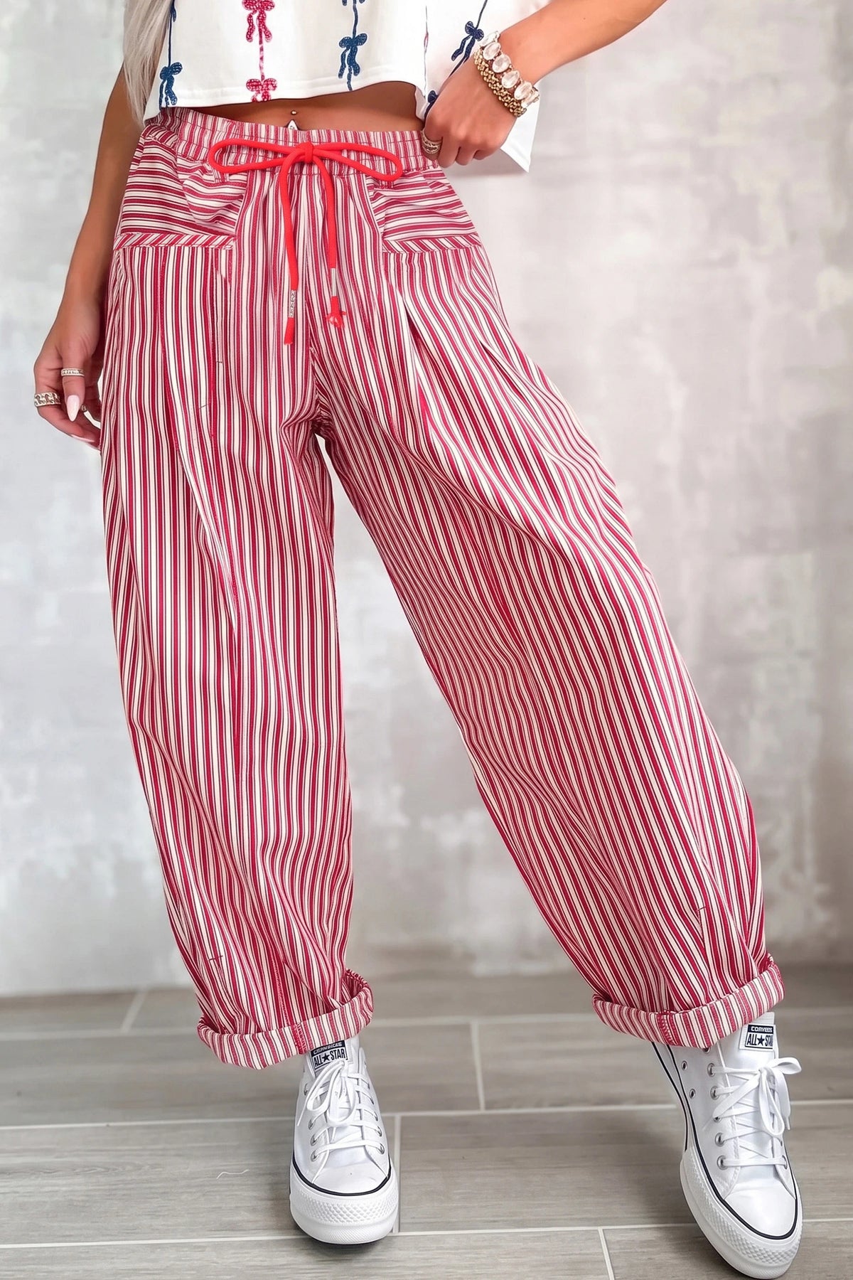 Karinne Red Stripe Drawstring Casual Loose Pants