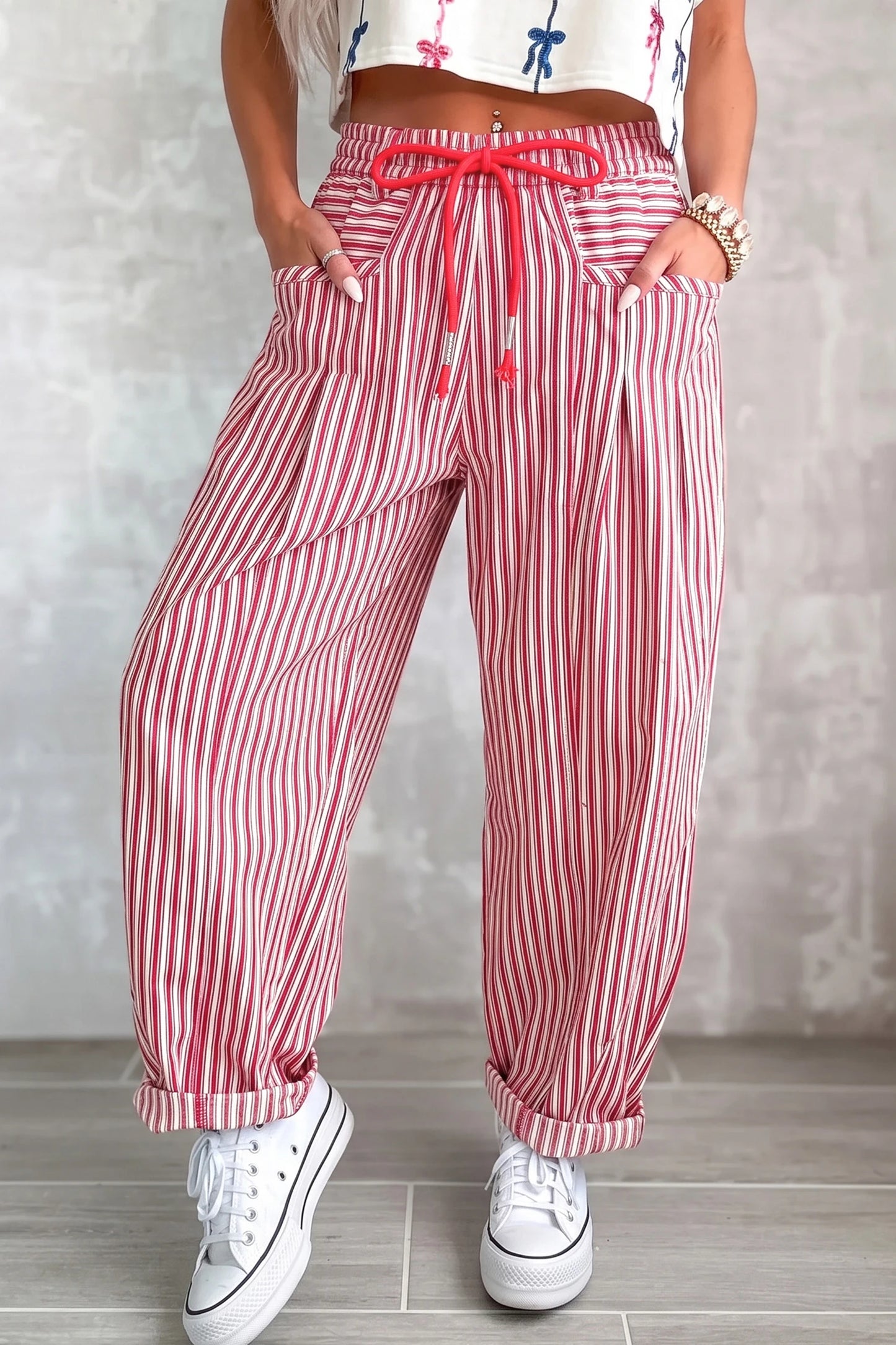 Karinne Red Stripe Drawstring Casual Loose Pants