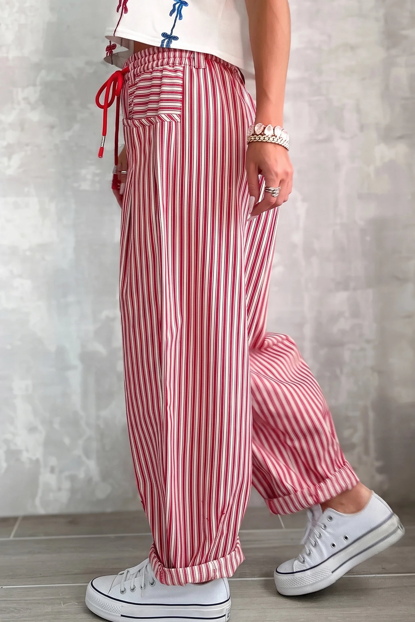 Karinne Red Stripe Drawstring Casual Loose Pants