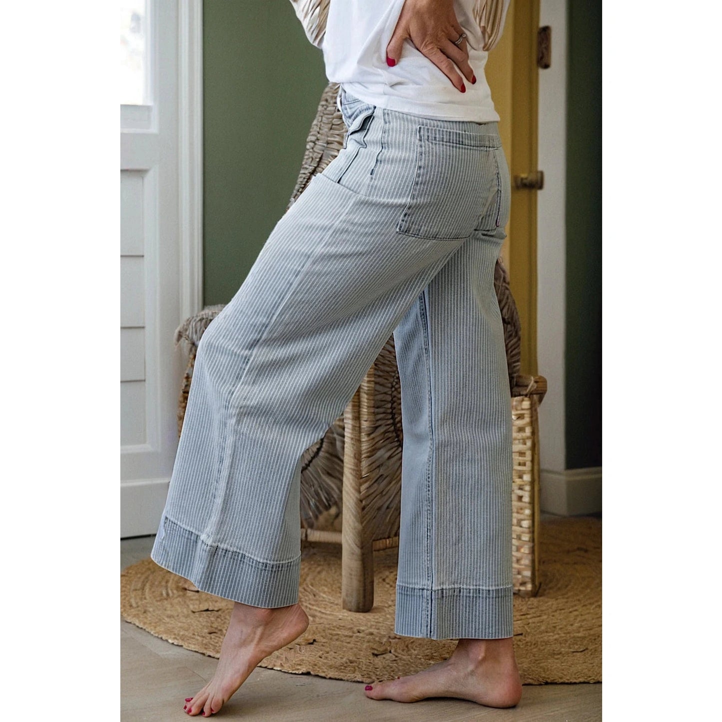 Karis Sky Blue Stripe Button Flap Pocket Cuffed Hem Wide Leg Jeans