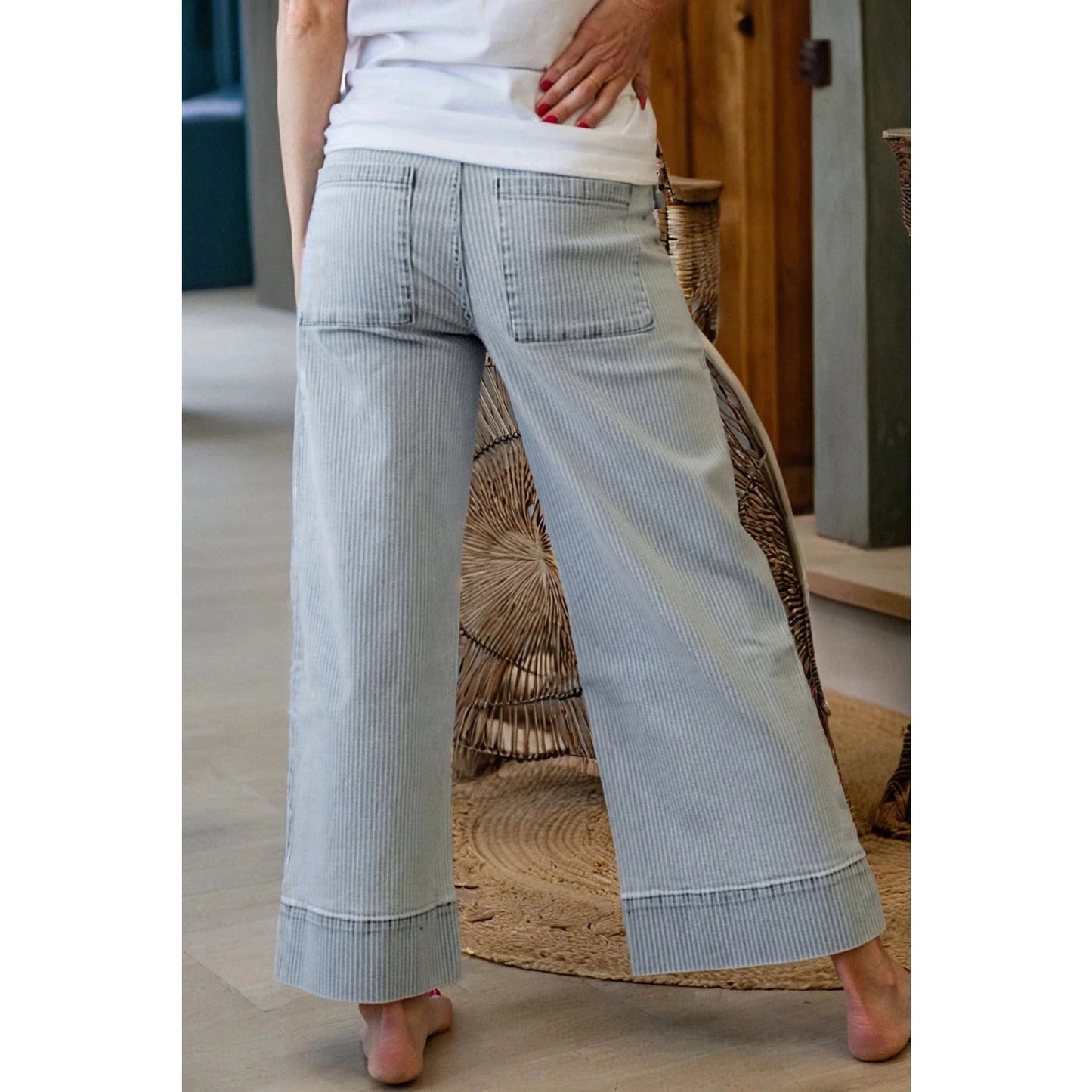 Karis Sky Blue Stripe Button Flap Pocket Cuffed Hem Wide Leg Jeans