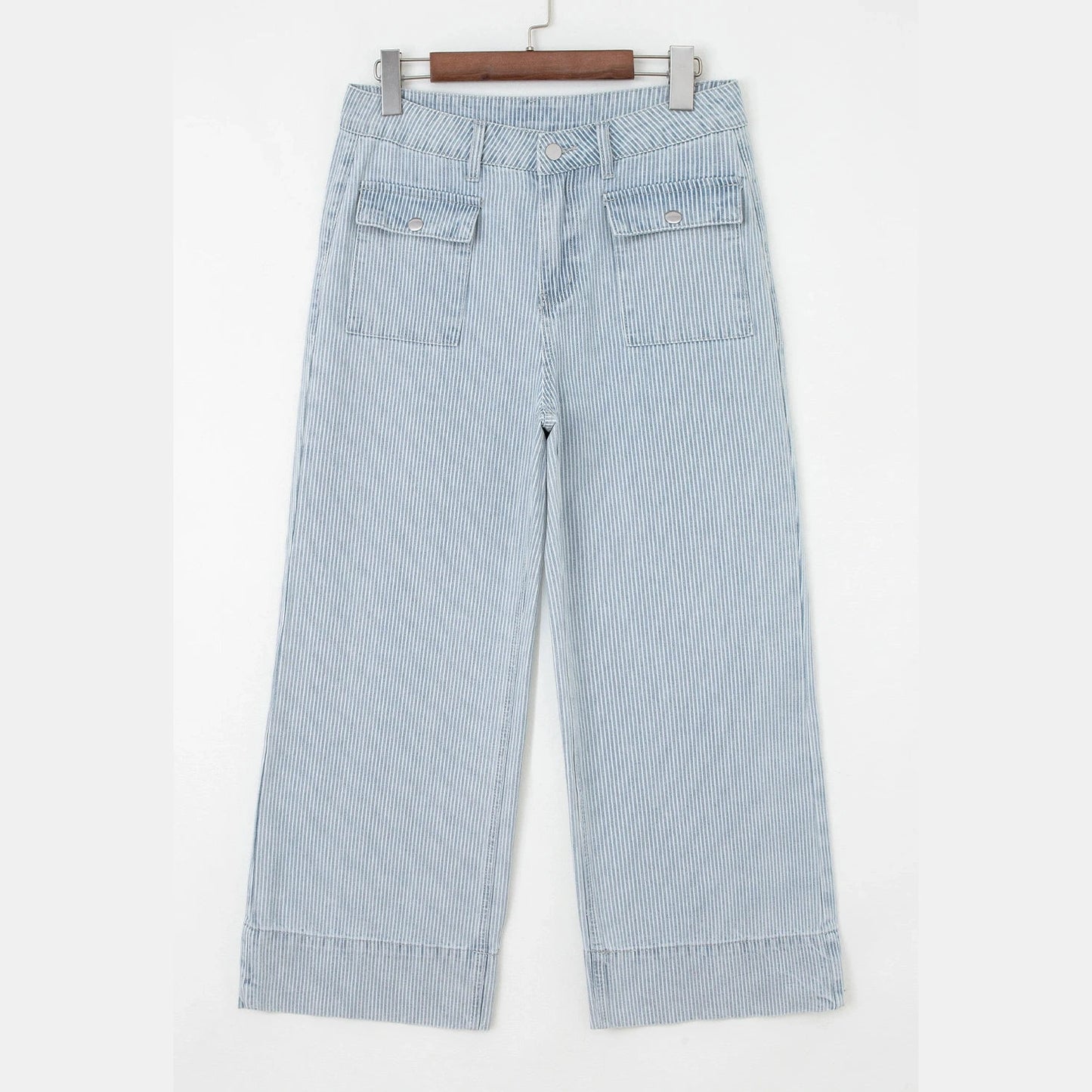 Karis Sky Blue Stripe Button Flap Pocket Cuffed Hem Wide Leg Jeans