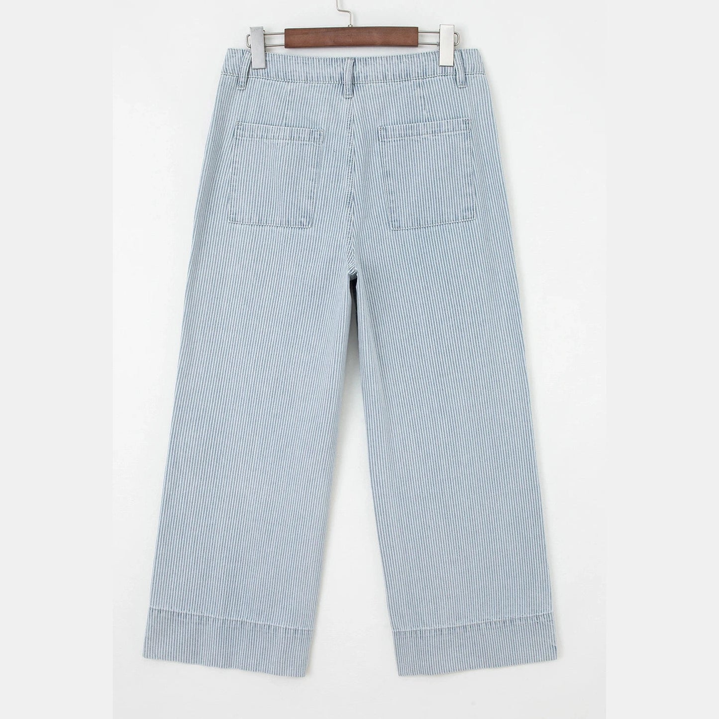 Karis Sky Blue Stripe Button Flap Pocket Cuffed Hem Wide Leg Jeans