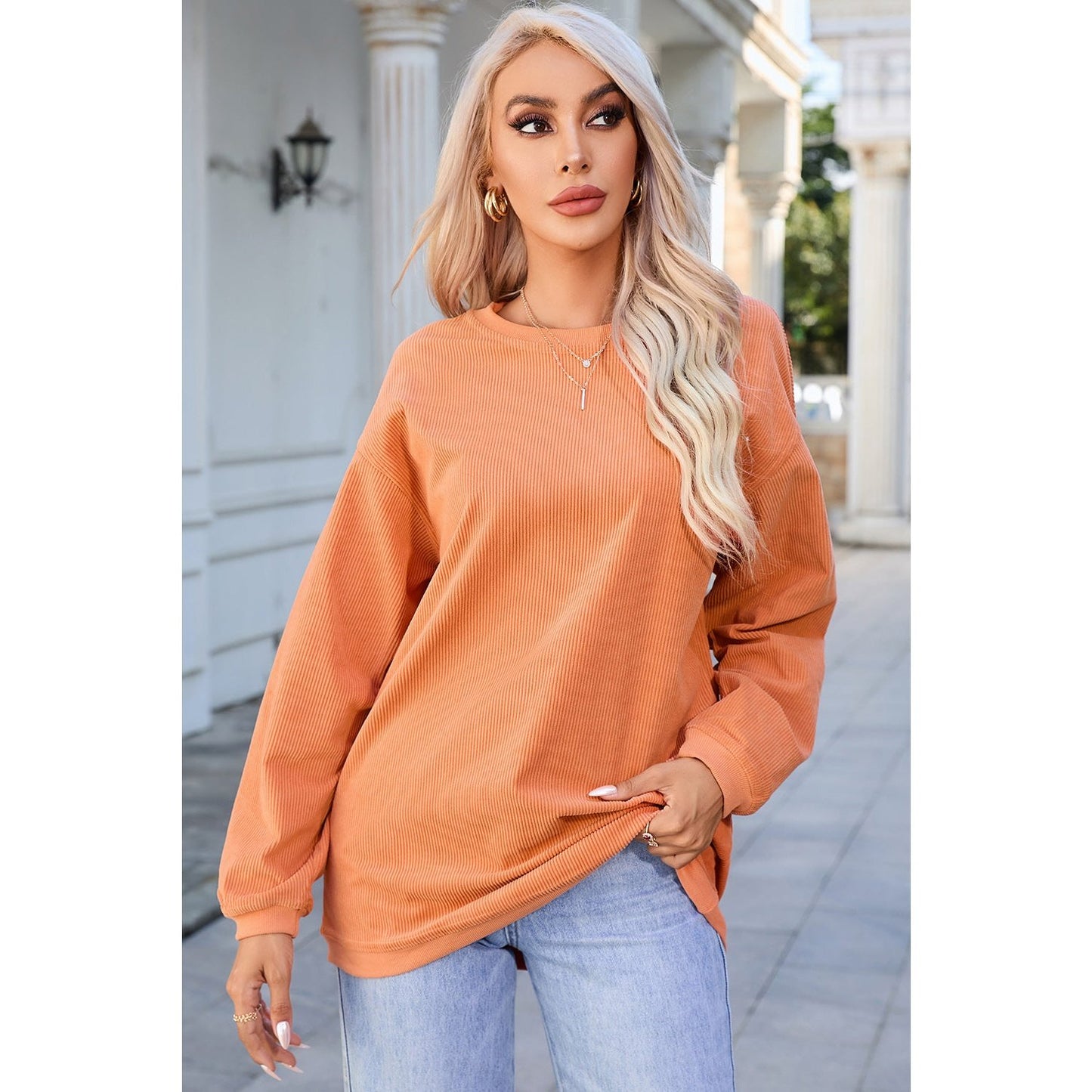 Karmen Orange Ribbed Corded Oversized Sweatshirt