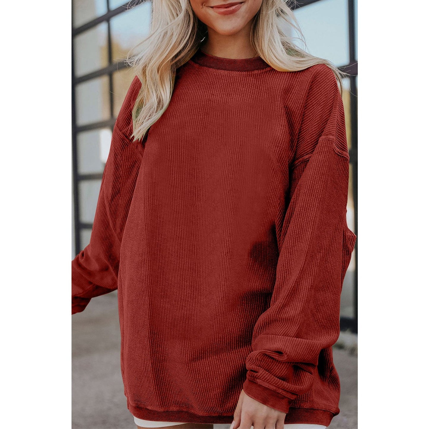 Karmen Red Ribbed Corded Oversized Sweatshirt