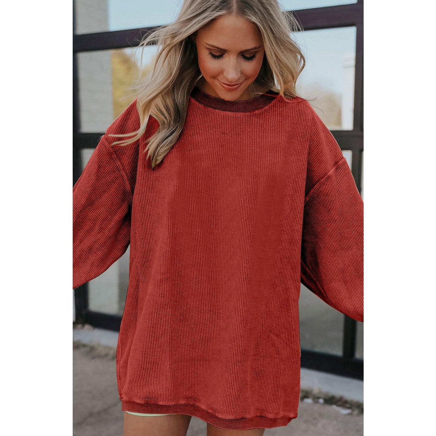 Karmen Red Ribbed Corded Oversized Sweatshirt