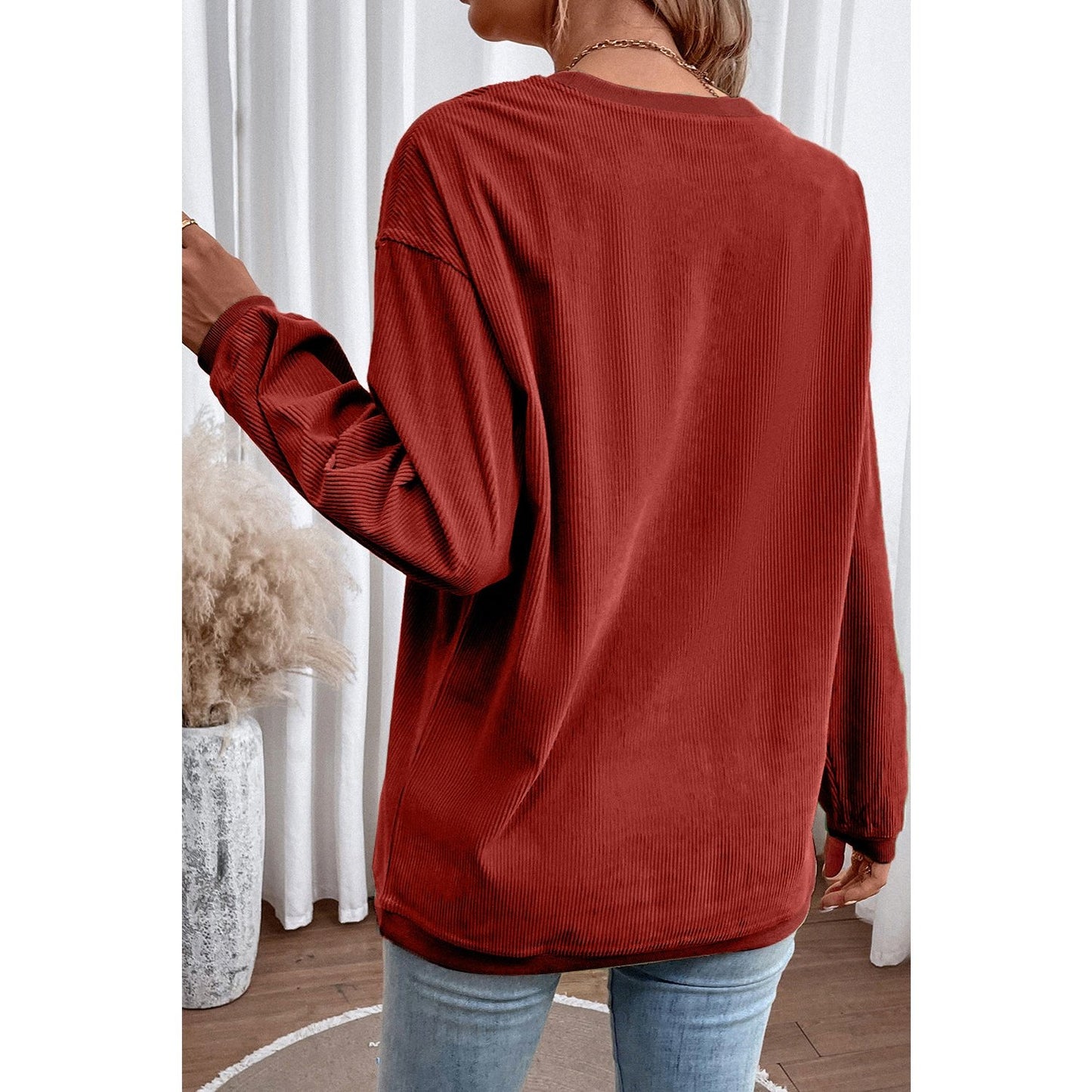 Karmen Red Ribbed Corded Oversized Sweatshirt