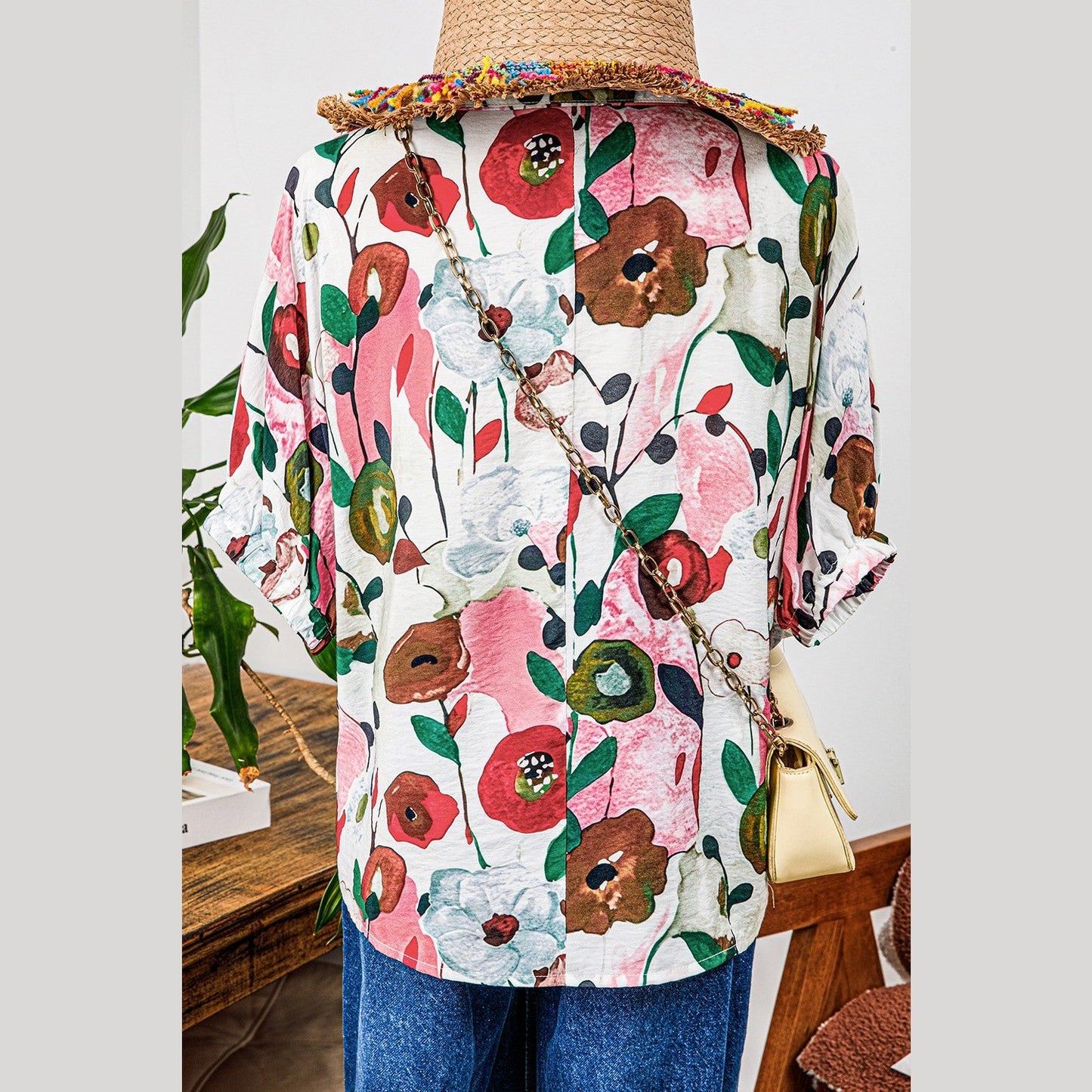 Karon Pink Floral Print Slit V Neck Short Sleeve Blouse