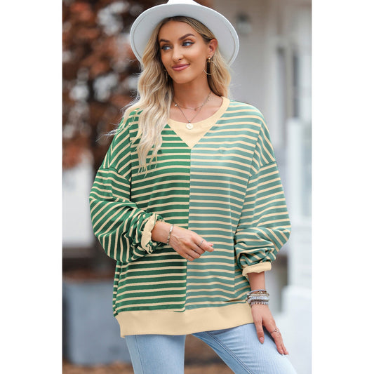 Karra Green Stripe Colorblock Drop Shoulder Oversize Sweatshirt