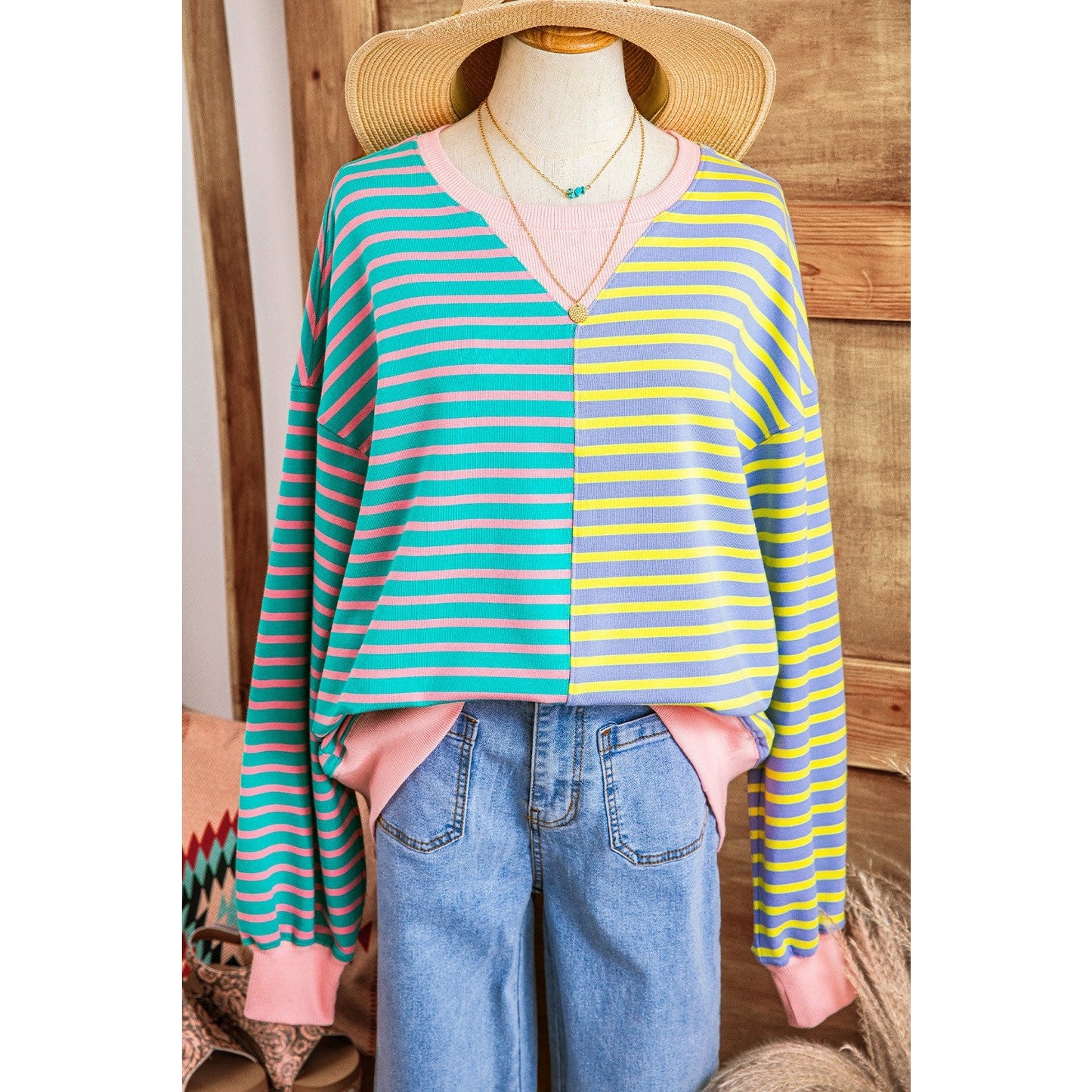 Karra Blue Stripe Colorblock Drop Shoulder Oversize Sweatshirt