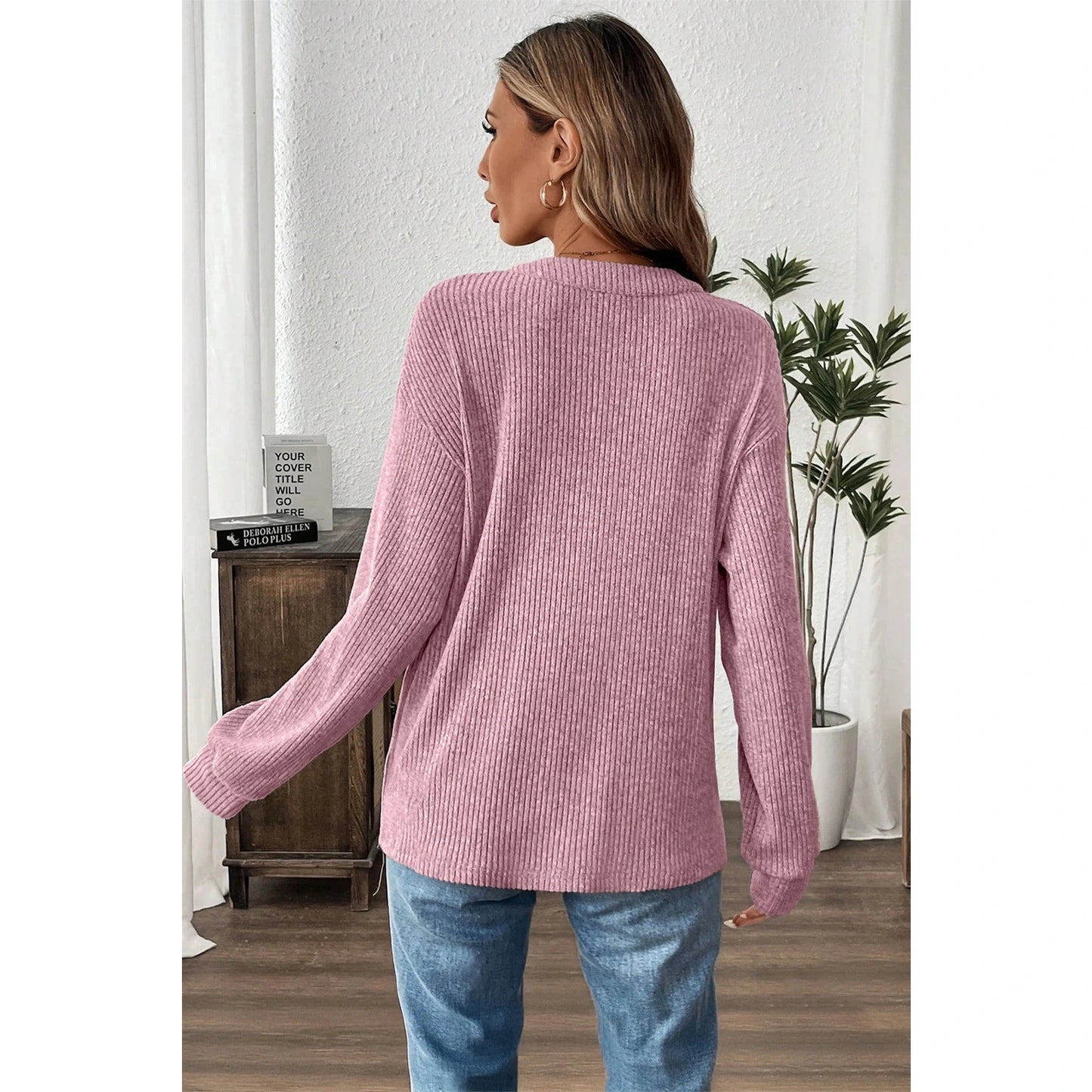 RTS Karty Pink Rib Textured Henley Knit Top