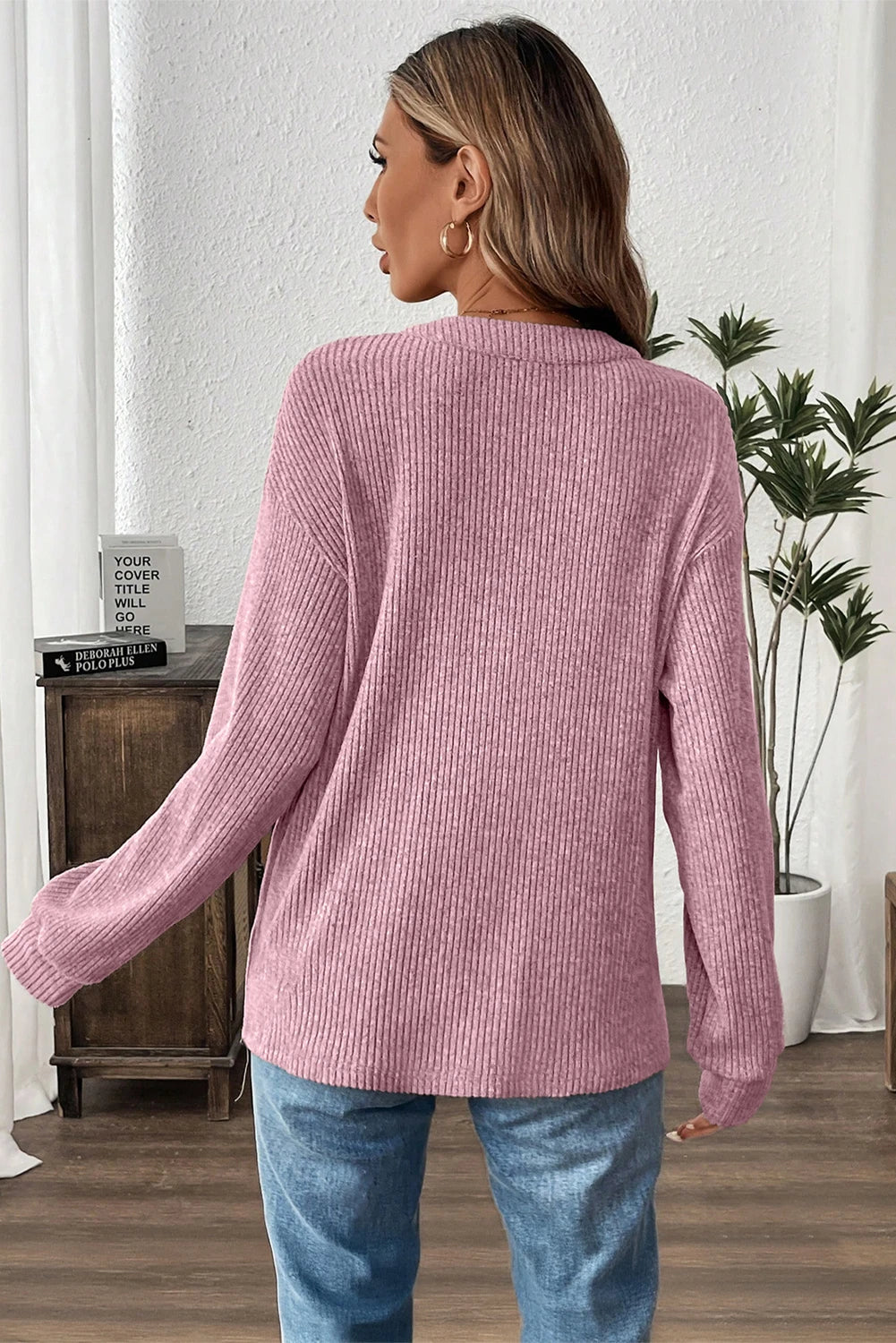 Karty Pink Rib Textured Henley Knit Top