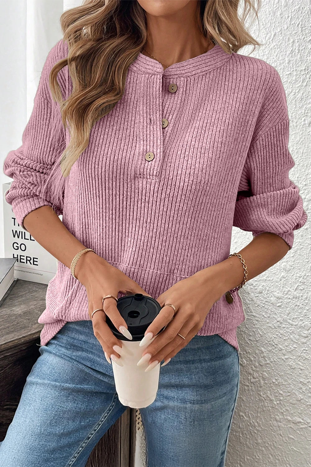 Karty Pink Rib Textured Henley Knit Top