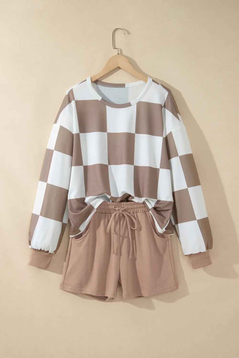 Kassie Khaki Checkerboard Plaid Long Sleeve Solid Color Shorts 2pcs Set