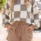 Kassie Khaki Checkerboard Plaid Long Sleeve Solid Color Shorts 2pcs Set