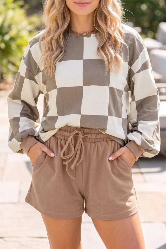 Kassie Khaki Checkerboard Plaid Long Sleeve Solid Color Shorts 2pcs Set
