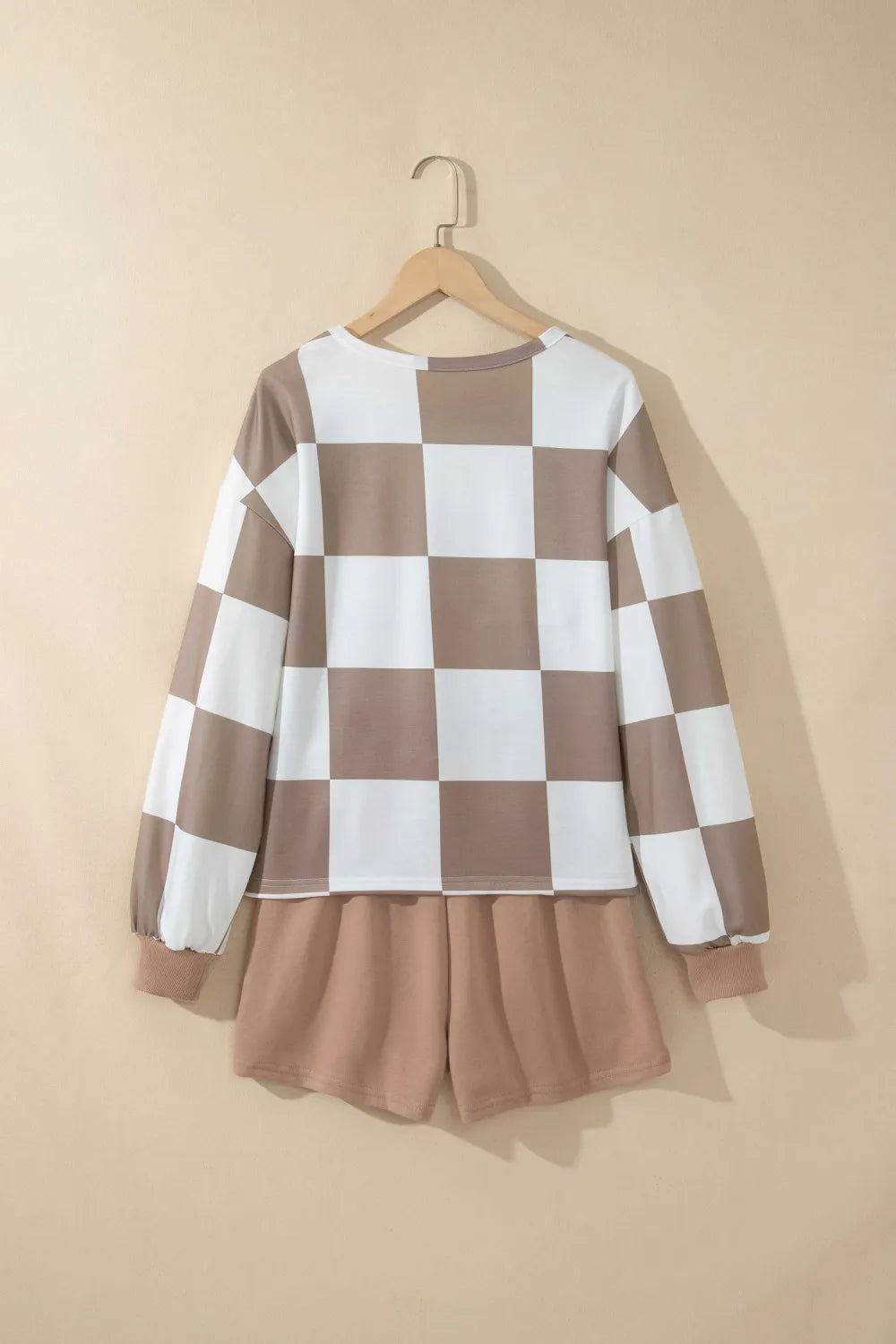 Kassie Khaki Checkerboard Plaid Long Sleeve Solid Color Shorts 2pcs Set