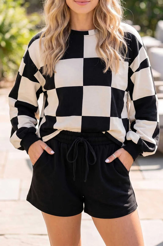 Kassie Black Checkerboard Plaid Long Sleeve Solid Color Shorts 2pcs Set
