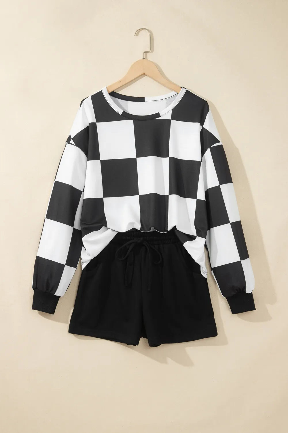 Kassie Black Checkerboard Plaid Long Sleeve Solid Color Shorts 2pcs Set