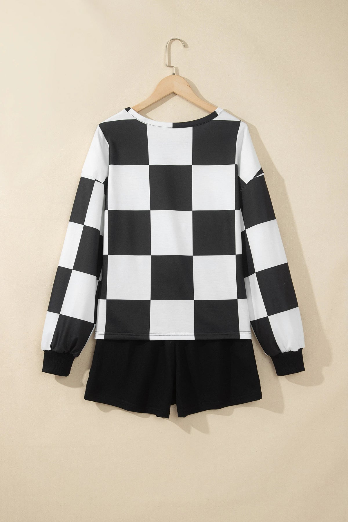 Kassie Black Checkerboard Plaid Long Sleeve Solid Color Shorts 2pcs Set