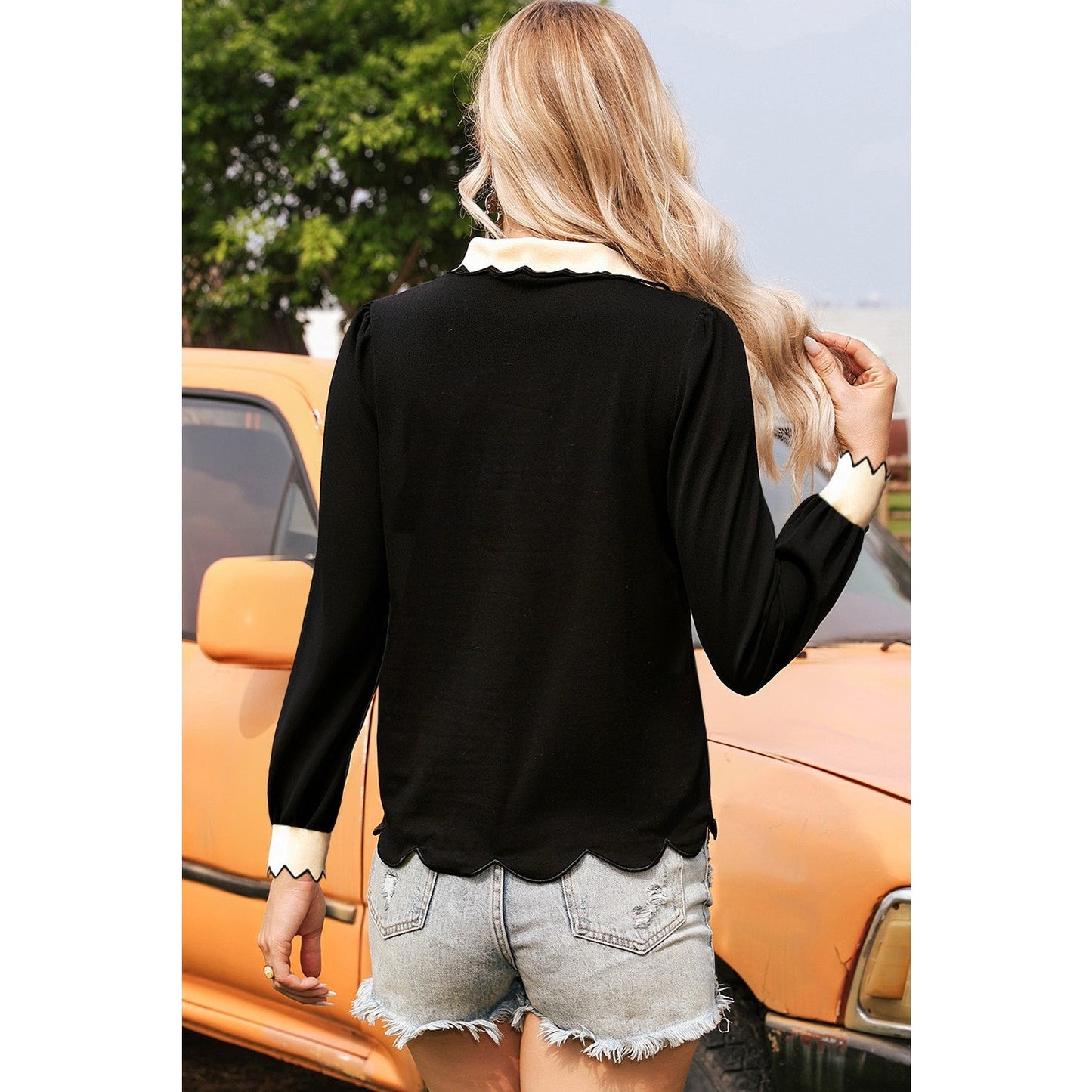 Kate Black Scallop Trim Color Block Long Sleeve Collared Top