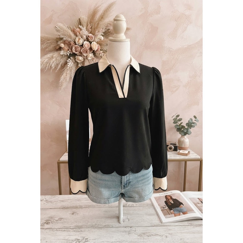 Kate Black Scallop Trim Color Block Long Sleeve Collared Top