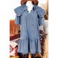 REDUCED!!!  Kathleen Dusk Blue Ruffled Collared Side Pockets Puff Sleeve Denim Mini Dress  REDUCED!!!